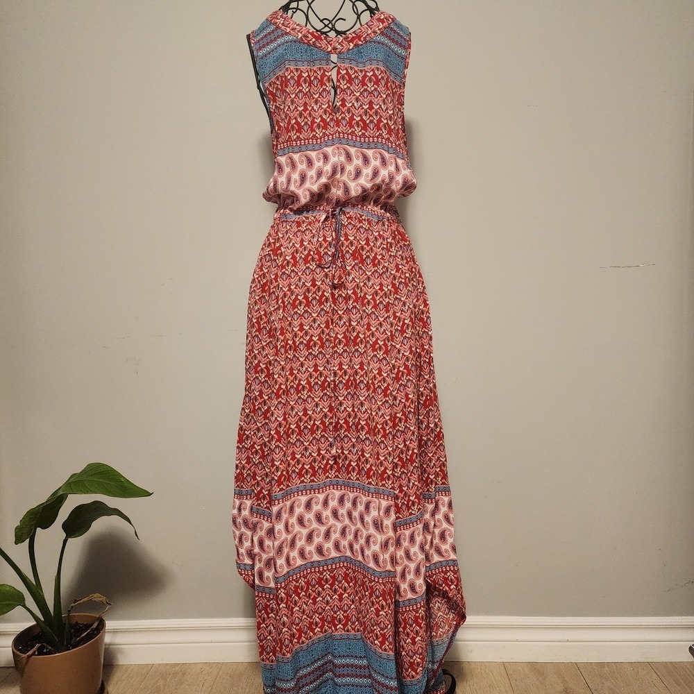 Suzy Shier Paisley Geometric Print Sleeveless Maxi Dress Red Blue Size Small